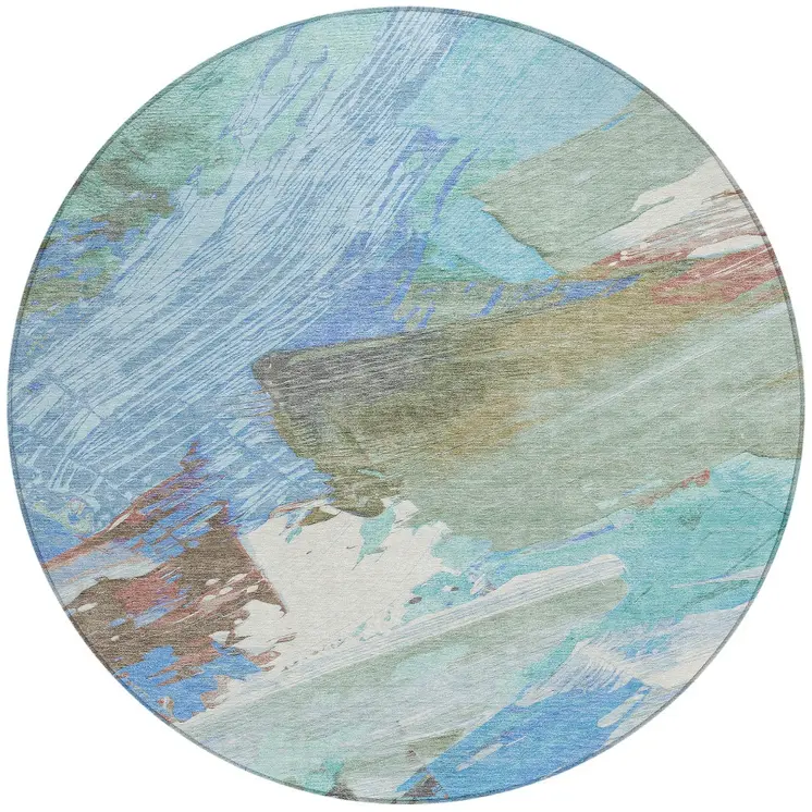 8' Sky Blue And Teal Blue Round Abstract Washable Indoor Outdoor Area Rug