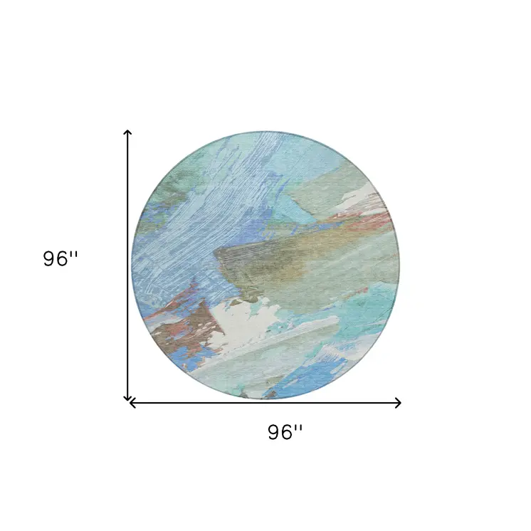 8' Sky Blue And Teal Blue Round Abstract Washable Indoor Outdoor Area Rug