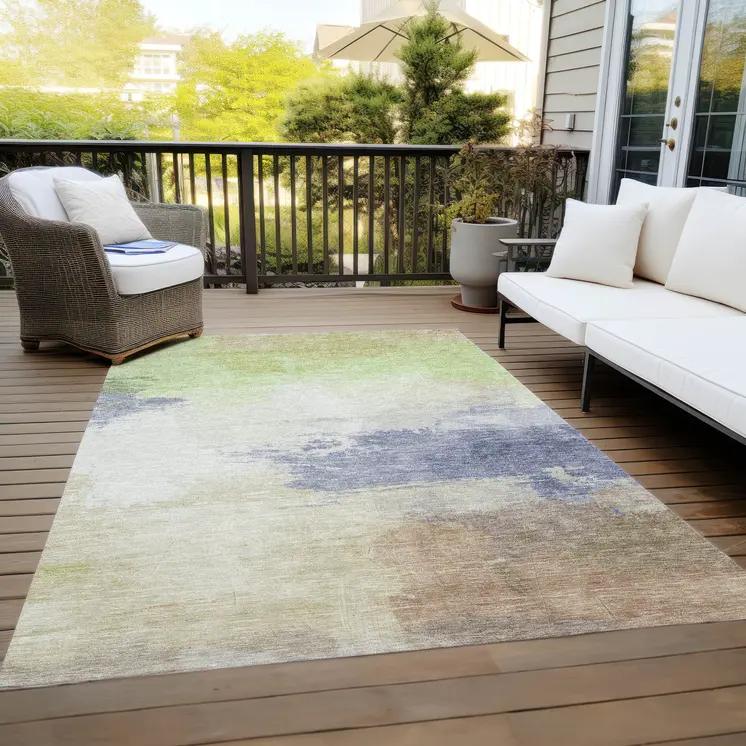 5' X 8' Artichoke Green And Taupe Abstract Washable Indoor Outdoor Area Rug