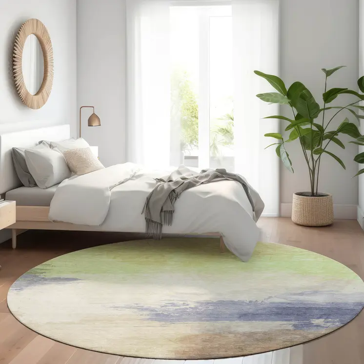8' Artichoke Green And Taupe Round Abstract Washable Indoor Outdoor Area Rug