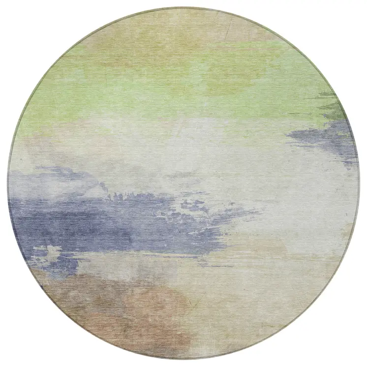 8' Artichoke Green And Taupe Round Abstract Washable Indoor Outdoor Area Rug