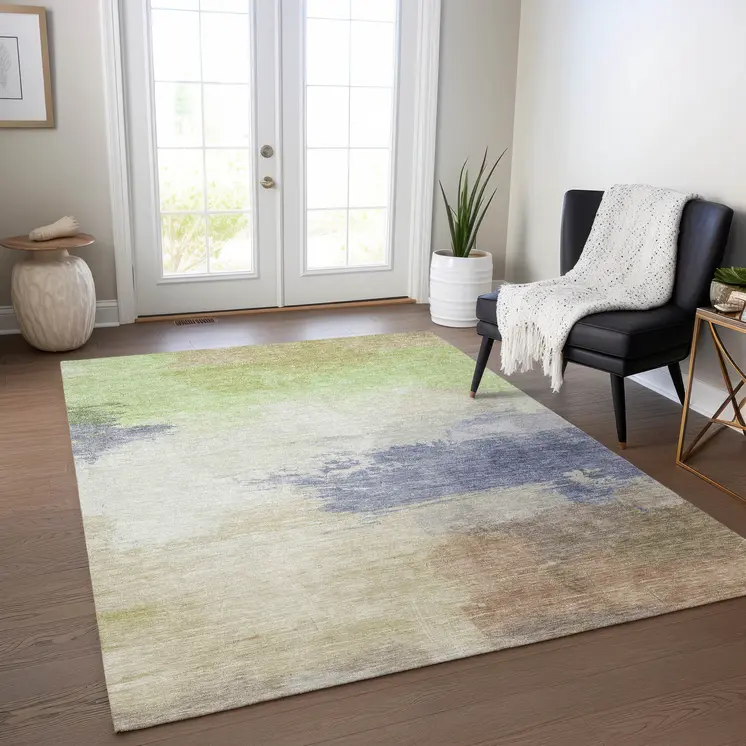 8' X 10' Artichoke Green And Taupe Abstract Washable Indoor Outdoor Area Rug