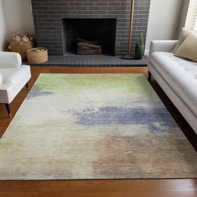 10' X 14' Artichoke Green And Taupe Abstract Washable Indoor Outdoor Area Rug