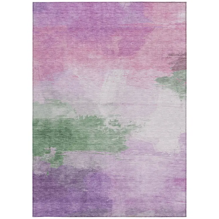 5' X 8' Lilac Lavender And Green Abstract Washable Indoor Outdoor Area Rug