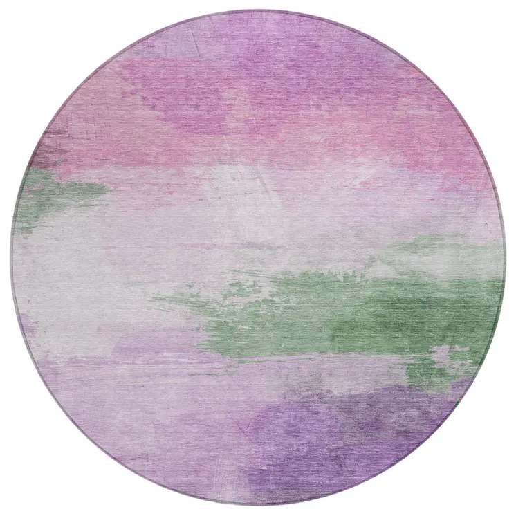 8' Lilac Lavender And Green Round Abstract Washable Indoor Outdoor Area Rug
