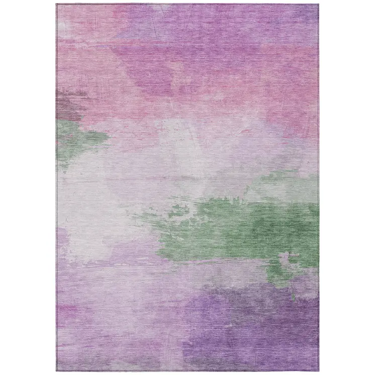 8' X 10' Lilac Lavender And Green Abstract Washable Indoor Outdoor Area Rug
