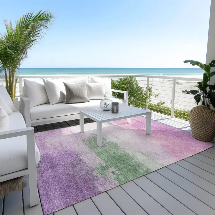 9' X 12' Lilac Lavender And Green Abstract Washable Indoor Outdoor Area Rug