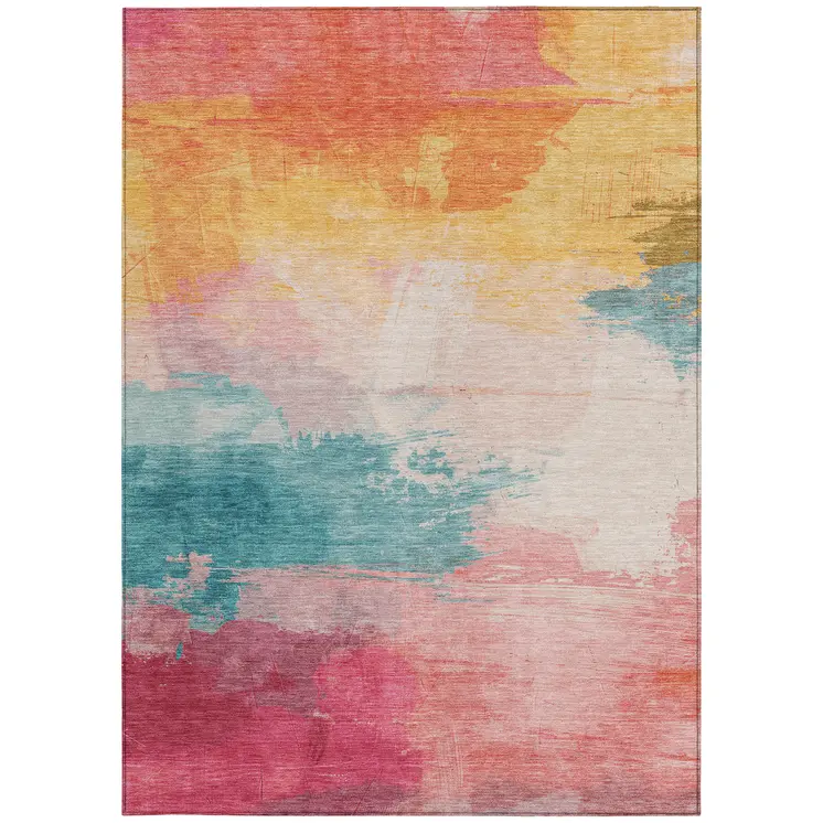 5' X 8' Pink Gold And Teal Blue Abstract Washable Indoor Outdoor Area Rug