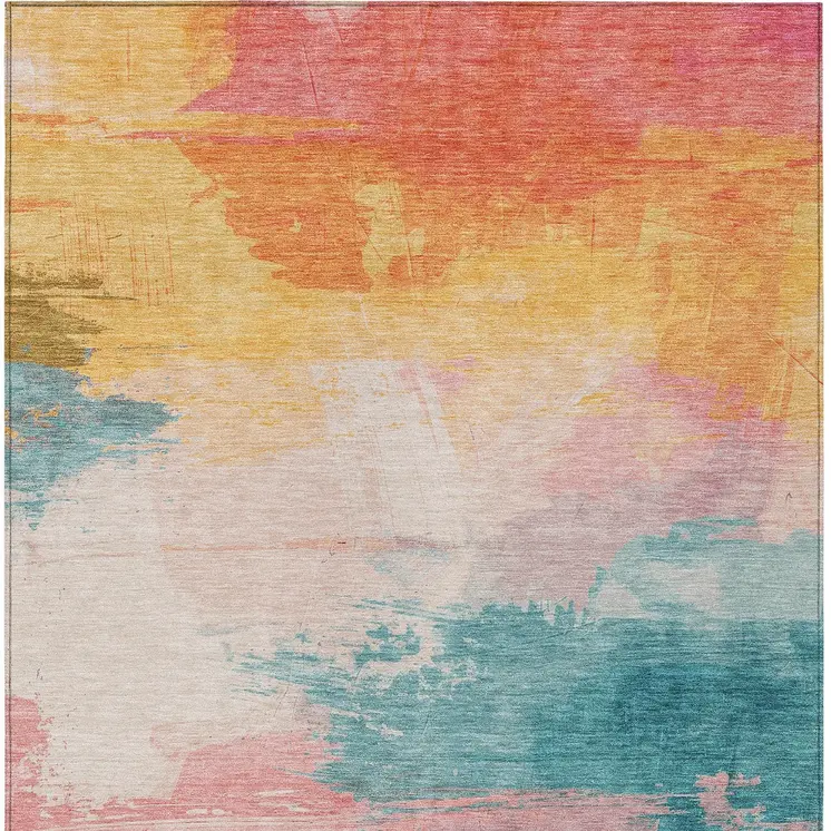 5' X 8' Pink Gold And Teal Blue Abstract Washable Indoor Outdoor Area Rug