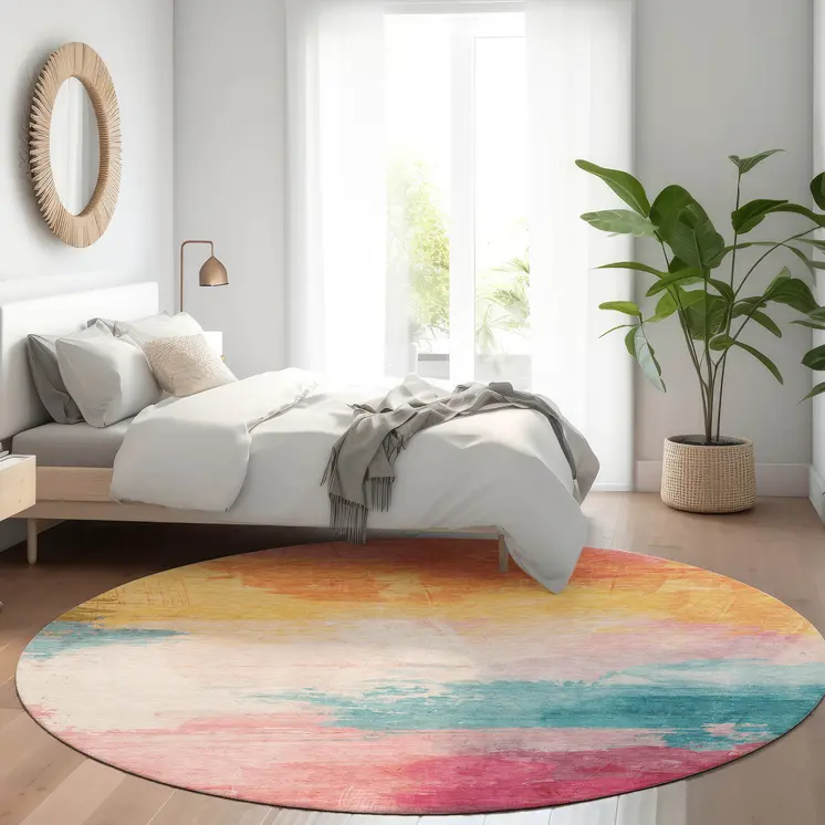 8' Pink Gold And Teal Blue Round Abstract Washable Indoor Outdoor Area Rug