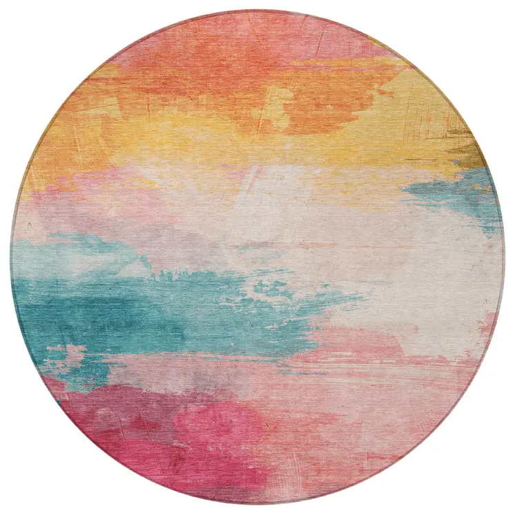 8' Pink Gold And Teal Blue Round Abstract Washable Indoor Outdoor Area Rug