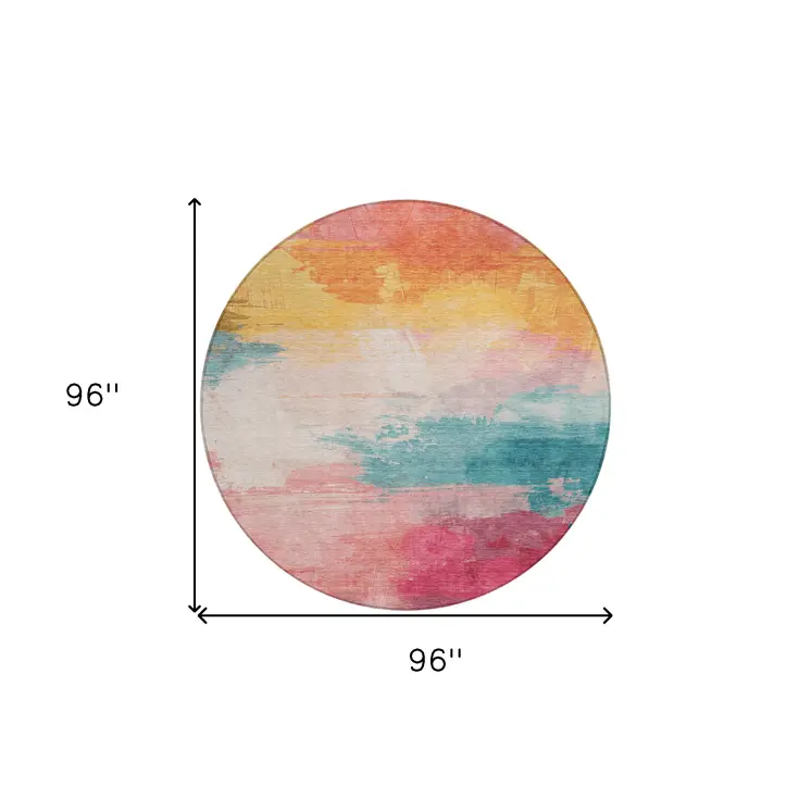 8' Pink Gold And Teal Blue Round Abstract Washable Indoor Outdoor Area Rug
