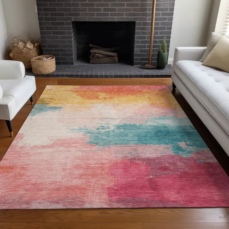 8' X 10' Pink Gold And Teal Blue Abstract Washable Indoor Outdoor Area Rug