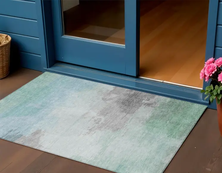 3' X 5' Blue And Mint Green Abstract Washable Indoor Outdoor Area Rug