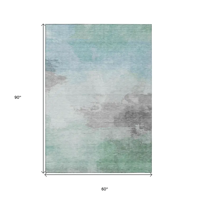 5' X 8' Blue And Mint Green Abstract Washable Indoor Outdoor Area Rug