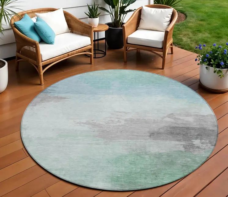 8' Blue And Mint Green Round Abstract Washable Indoor Outdoor Area Rug