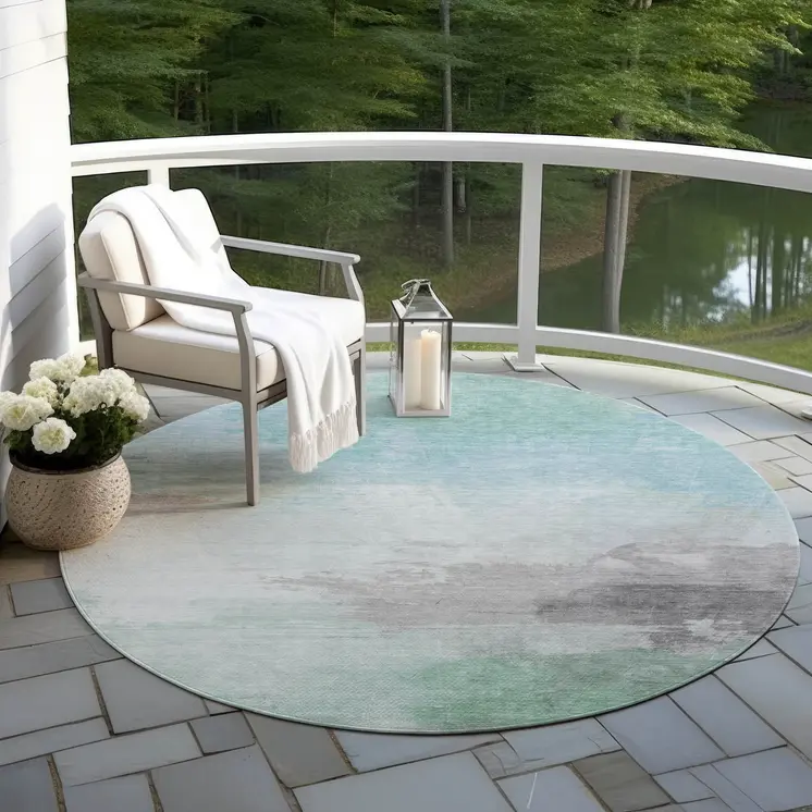8' Blue And Mint Green Round Abstract Washable Indoor Outdoor Area Rug