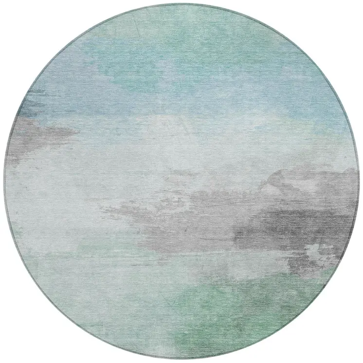 8' Blue And Mint Green Round Abstract Washable Indoor Outdoor Area Rug