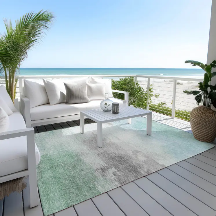 9' X 12' Blue And Mint Green Abstract Washable Indoor Outdoor Area Rug