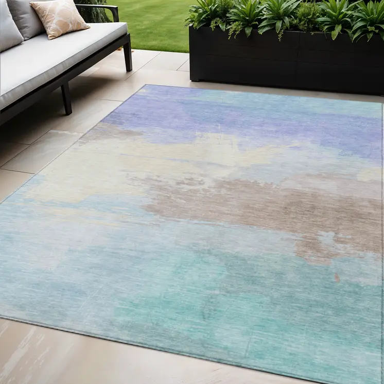 5' X 8' Sky Blue Lavender And Taupe Abstract Washable Indoor Outdoor Area Rug