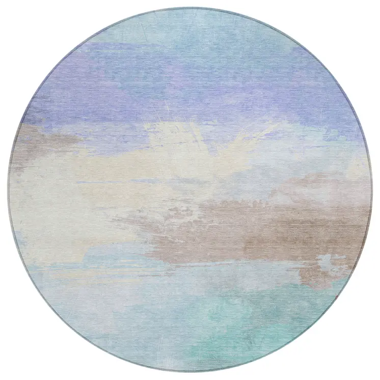 8' Sky Blue Lavender And Taupe Round Abstract Washable Indoor Outdoor Area Rug