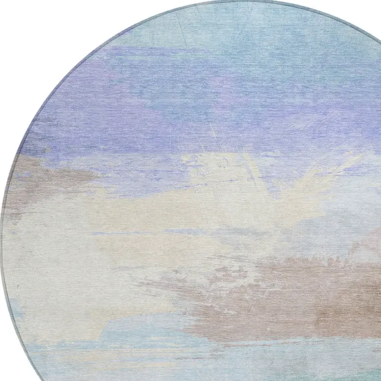 8' Sky Blue Lavender And Taupe Round Abstract Washable Indoor Outdoor Area Rug