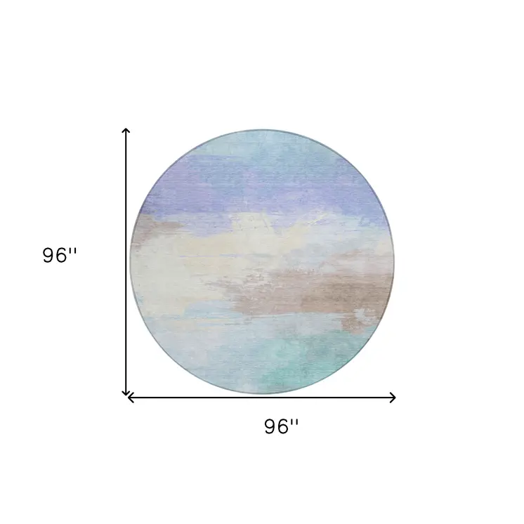 8' Sky Blue Lavender And Taupe Round Abstract Washable Indoor Outdoor Area Rug