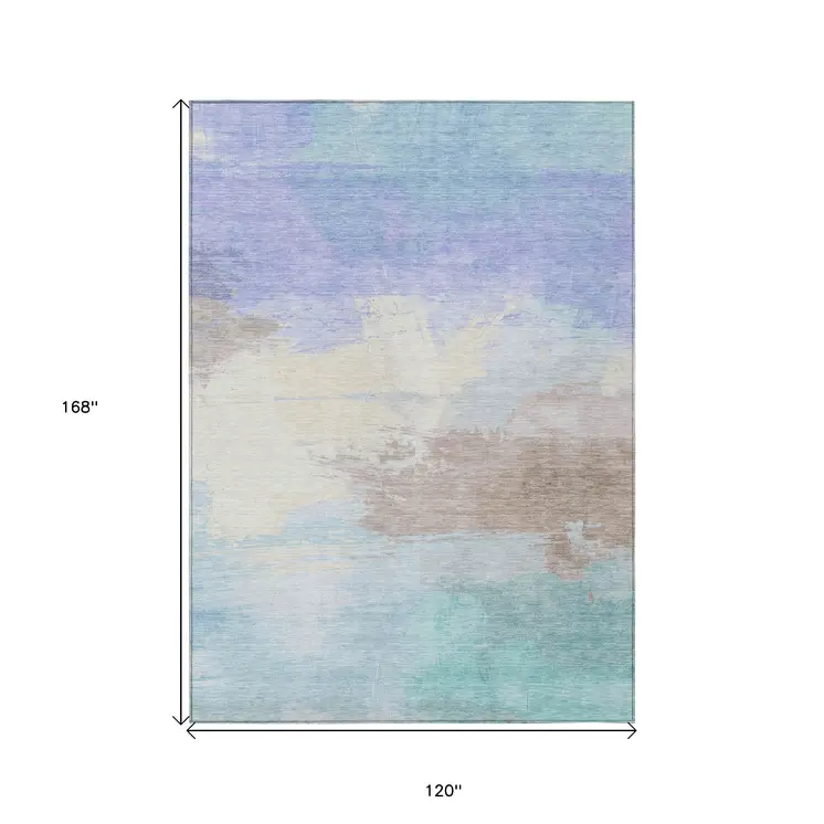 10' X 14' Sky Blue Lavender And Taupe Abstract Washable Indoor Outdoor Area Rug