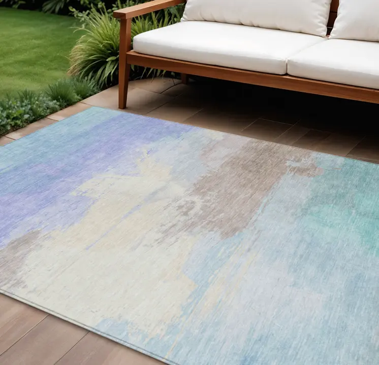 10' X 14' Sky Blue Lavender And Taupe Abstract Washable Indoor Outdoor Area Rug