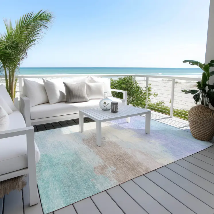 10' X 14' Sky Blue Lavender And Taupe Abstract Washable Indoor Outdoor Area Rug