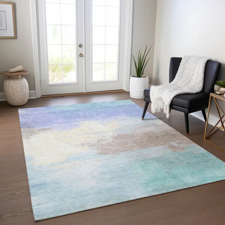 10' X 14' Sky Blue Lavender And Taupe Abstract Washable Indoor Outdoor Area Rug