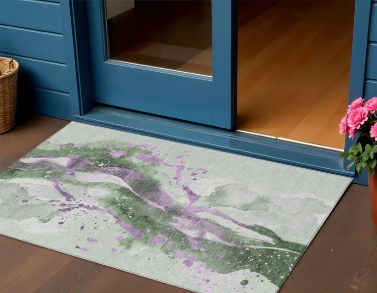 3' X 5' Artichoke Green And Lavender Abstract Washable Indoor Outdoor Area Rug