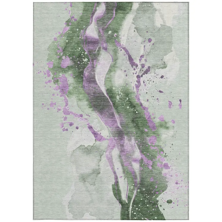 3' X 5' Artichoke Green And Lavender Abstract Washable Indoor Outdoor Area Rug