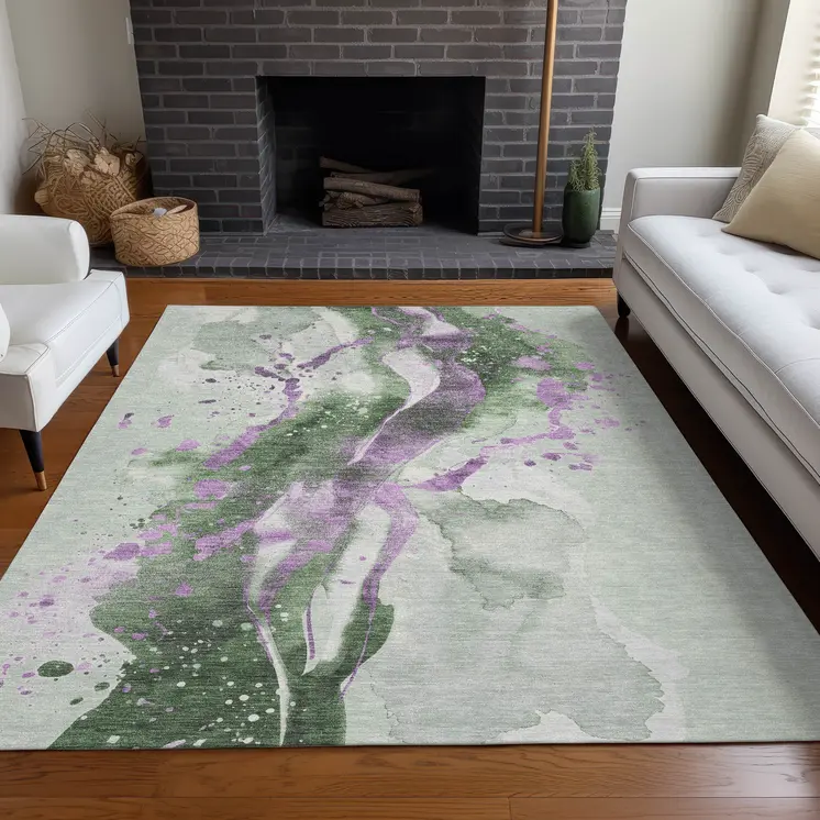 3' X 5' Artichoke Green And Lavender Abstract Washable Indoor Outdoor Area Rug