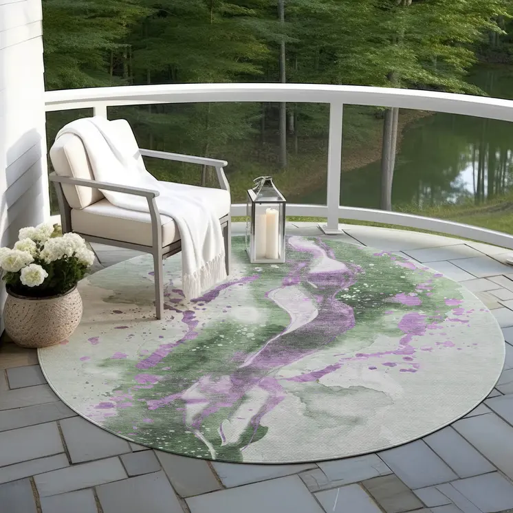 8' Artichoke Green And Lavender Round Abstract Washable Indoor Outdoor Area Rug