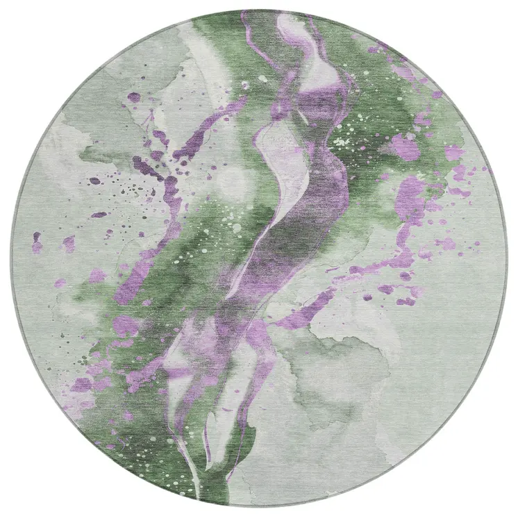 8' Artichoke Green And Lavender Round Abstract Washable Indoor Outdoor Area Rug