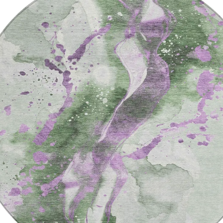 8' Artichoke Green And Lavender Round Abstract Washable Indoor Outdoor Area Rug