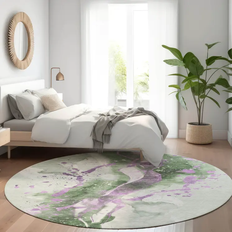 8' Artichoke Green And Lavender Round Abstract Washable Indoor Outdoor Area Rug