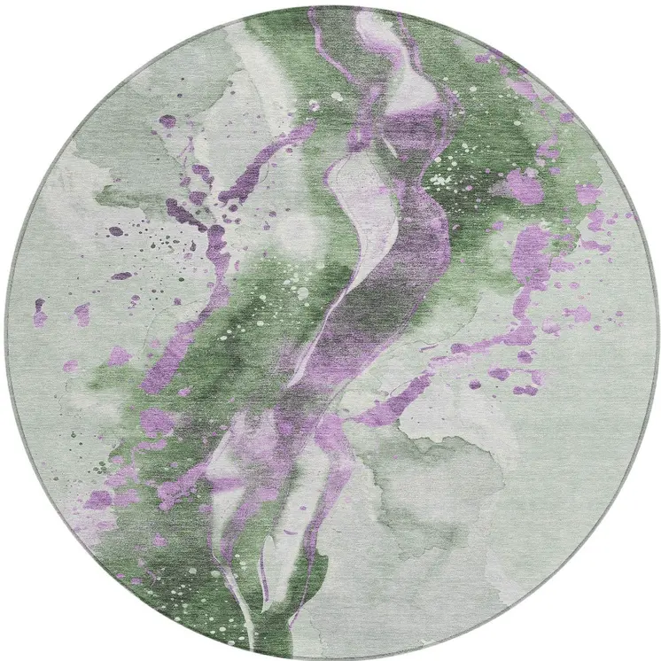 8' Artichoke Green And Lavender Round Abstract Washable Indoor Outdoor Area Rug