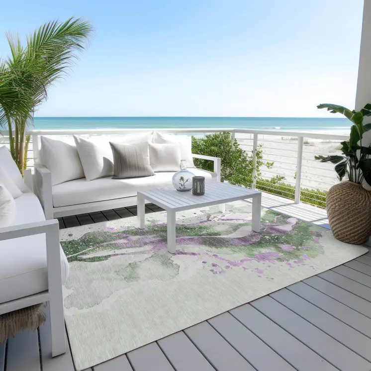 9' X 12' Artichoke Green And Lavender Abstract Washable Indoor Outdoor Area Rug