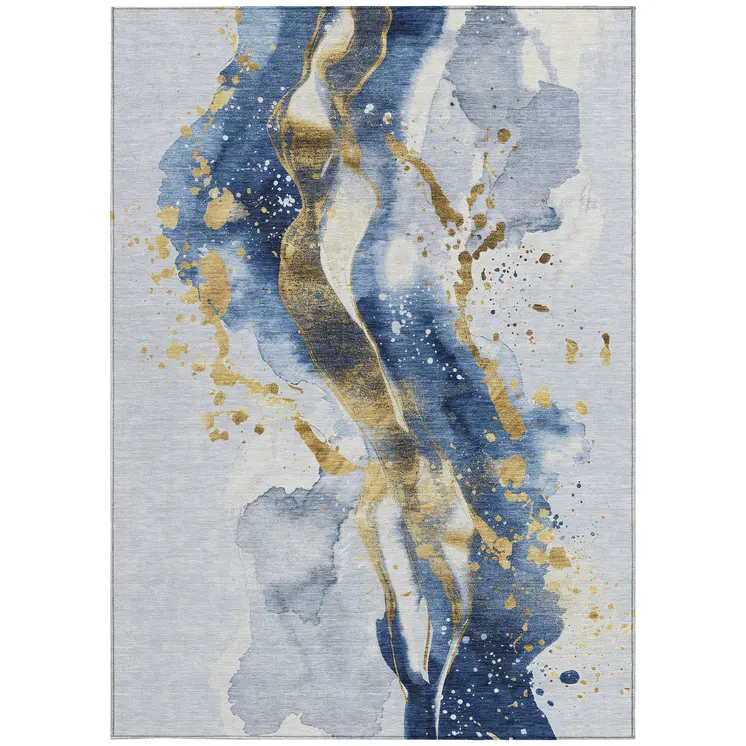 5' X 8' Blue And Gold Abstract Washable Indoor Outdoor Area Rug
