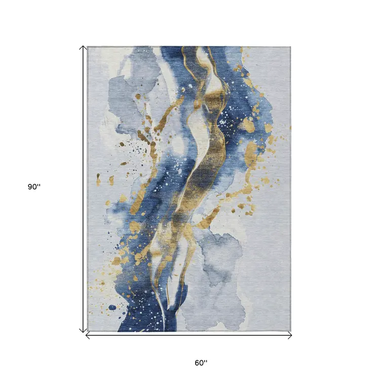 5' X 8' Blue And Gold Abstract Washable Indoor Outdoor Area Rug