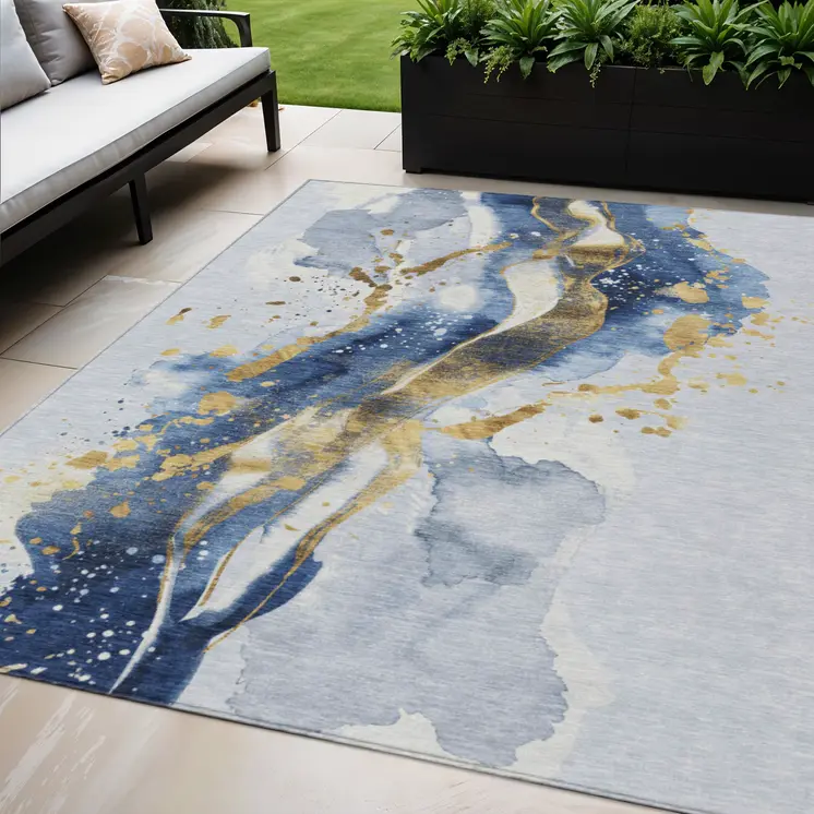 5' X 8' Blue And Gold Abstract Washable Indoor Outdoor Area Rug