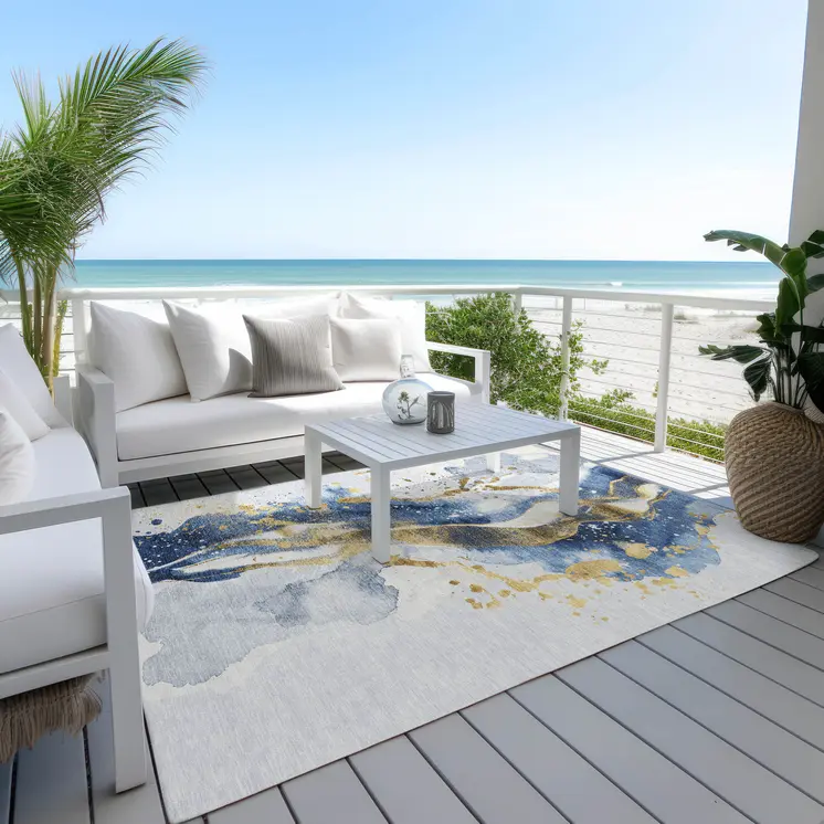 5' X 8' Blue And Gold Abstract Washable Indoor Outdoor Area Rug