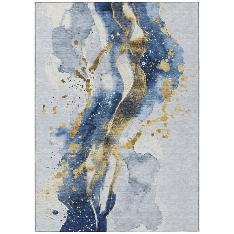 5' X 8' Blue And Gold Abstract Washable Indoor Outdoor Area Rug