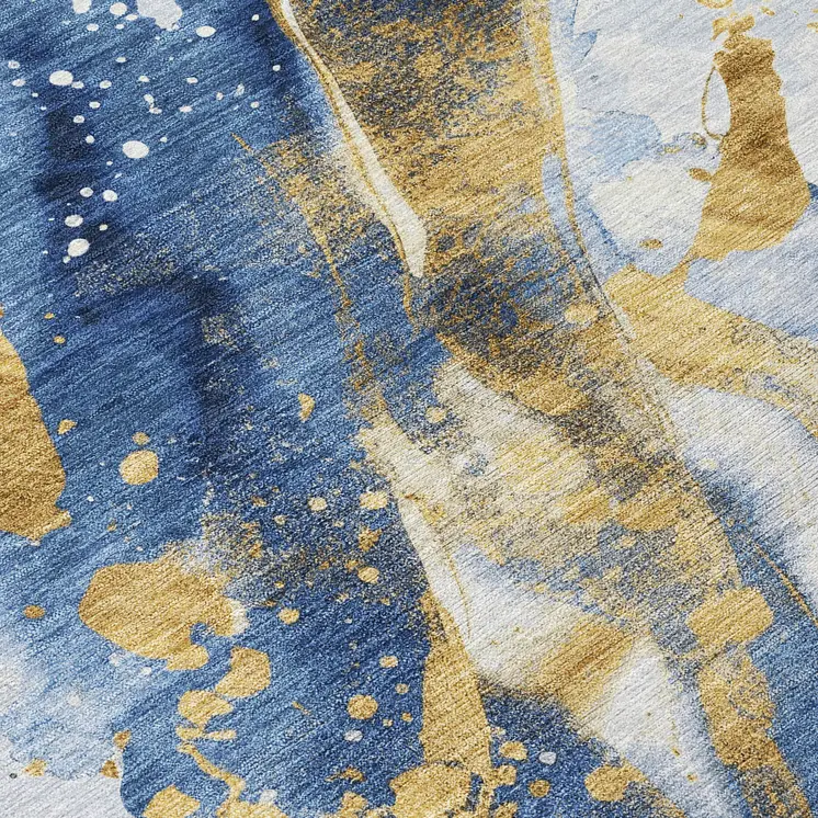 5' X 8' Blue And Gold Abstract Washable Indoor Outdoor Area Rug