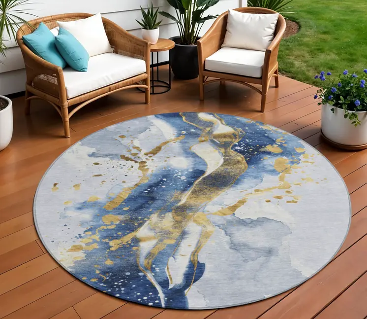 8' Blue And Gold Round Abstract Washable Indoor Outdoor Area Rug