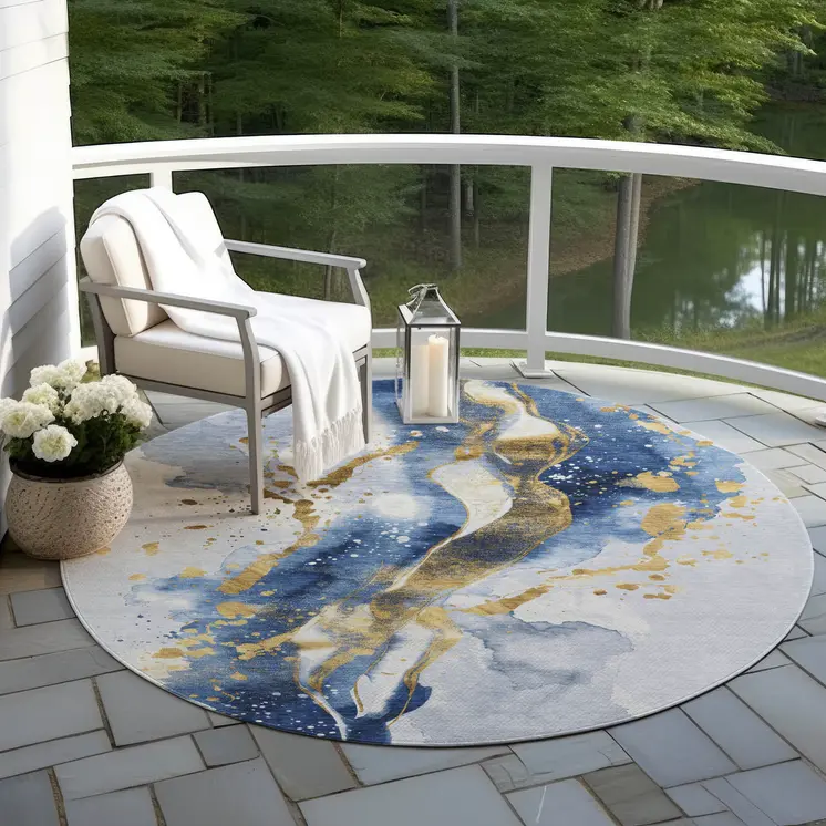 8' Blue And Gold Round Abstract Washable Indoor Outdoor Area Rug