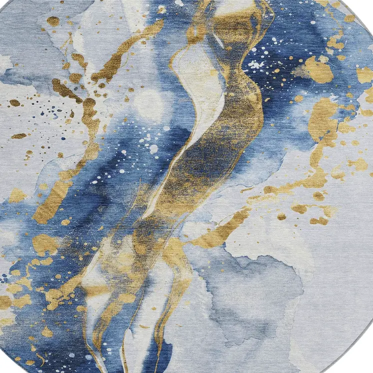 8' Blue And Gold Round Abstract Washable Indoor Outdoor Area Rug