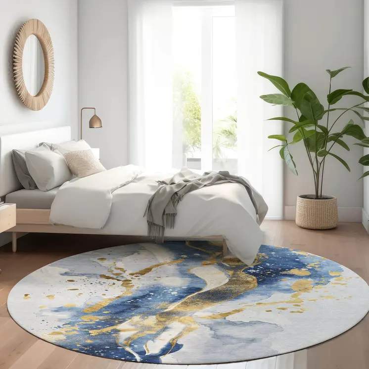 8' Blue And Gold Round Abstract Washable Indoor Outdoor Area Rug